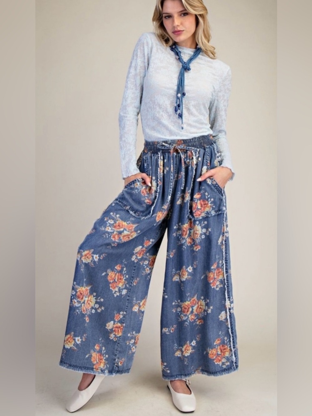 Easel Floral Print Washed Chambray Raw Hem Wide Leg Elastic Waist Pant NWT Sz 2X